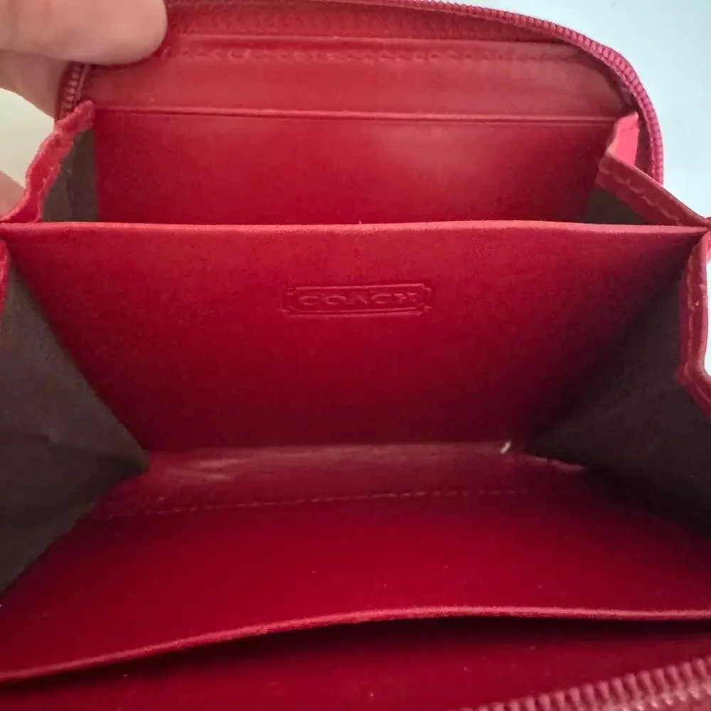 Coach Red Leather Small Zip Around Leather Wallet Card Coin Case ID Vintage